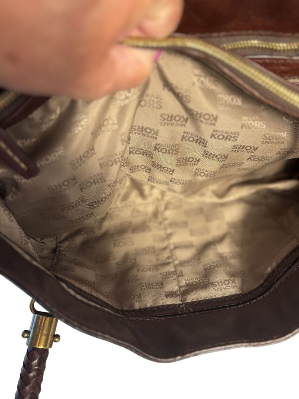 Vintage Rare Michael Kors Brown Leather Satchel Bag Braided Handles & Brass - Picture 14 of 16